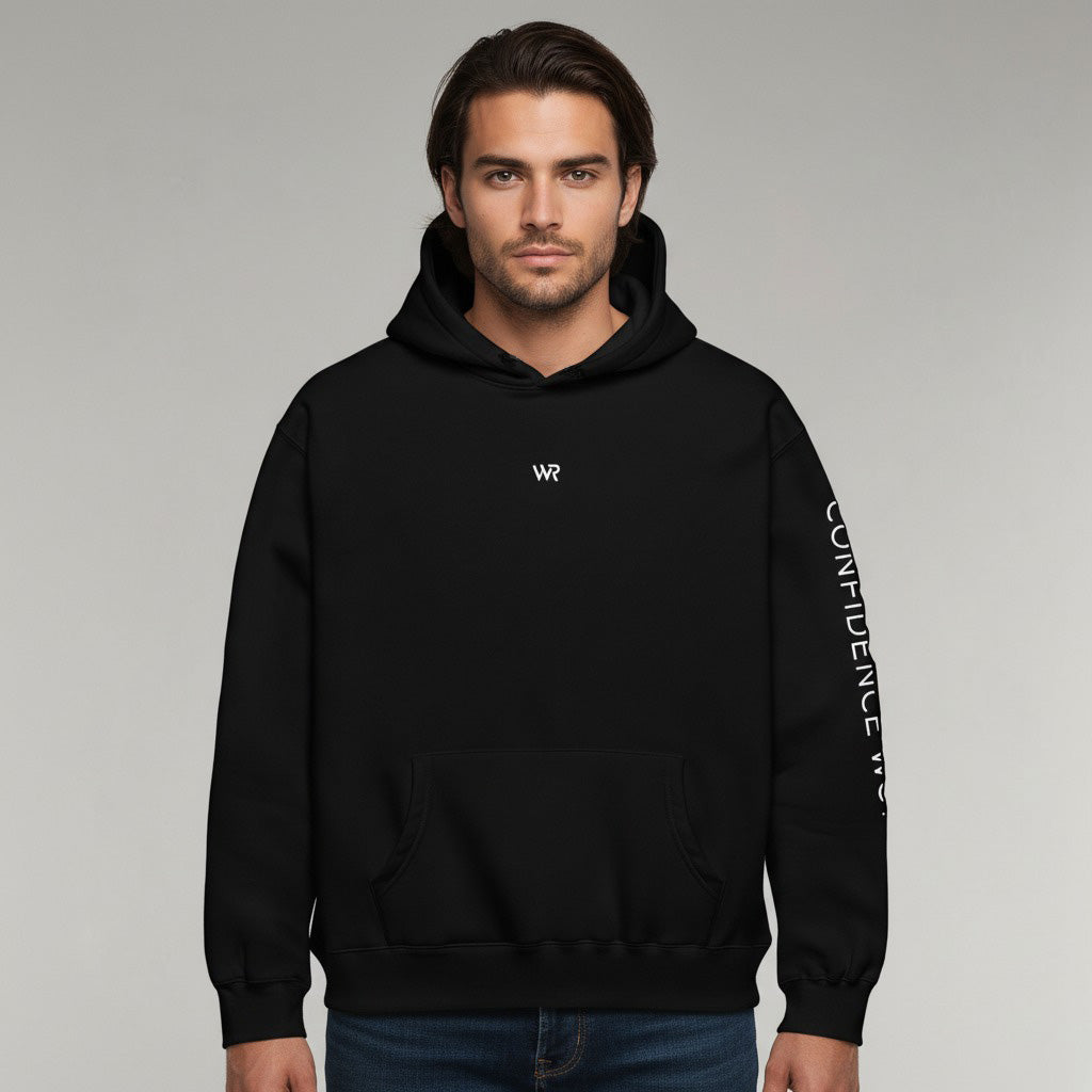 Men's premium heavyweight hoodie in black with "WR" logo, front view.