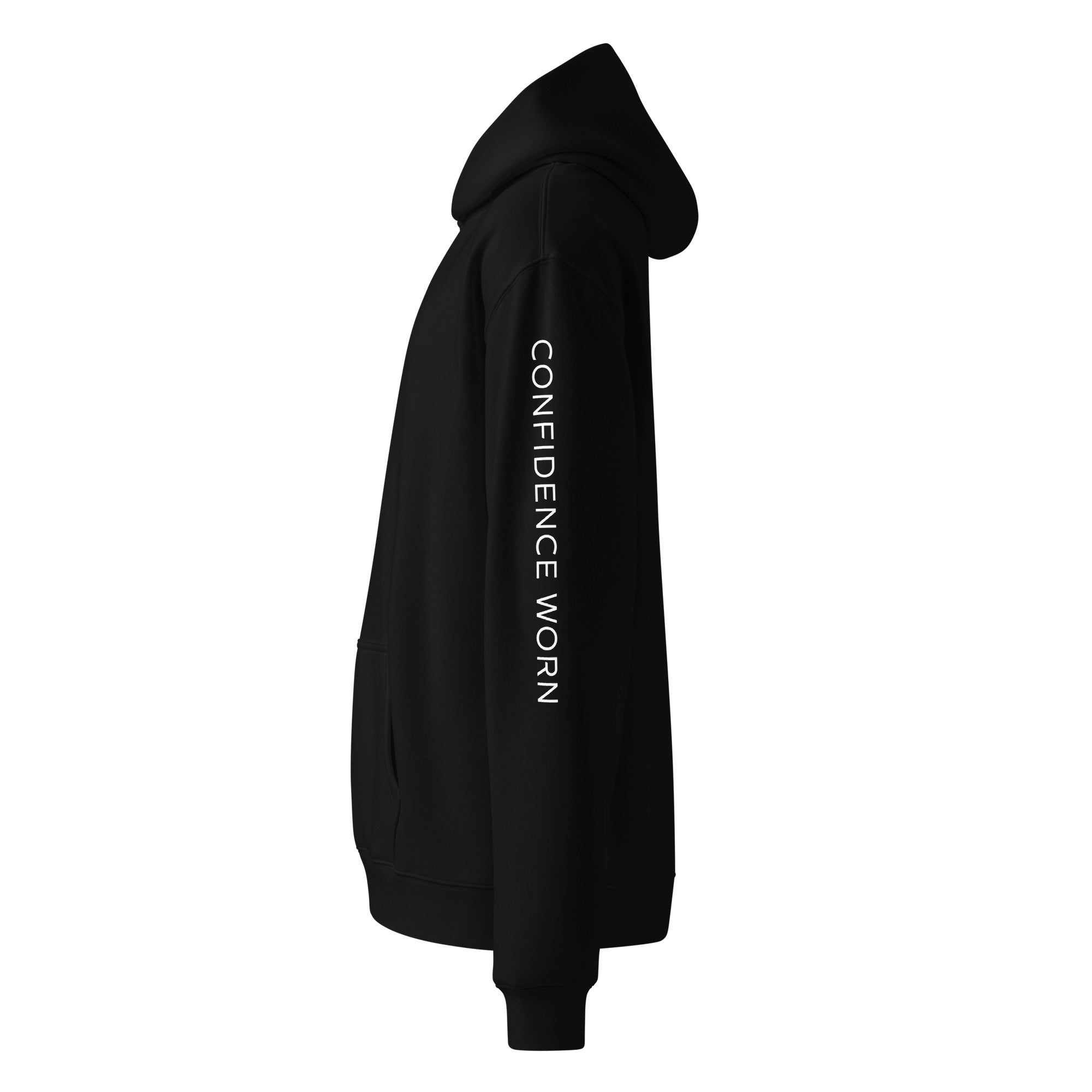 Men's premium heavyweight hoodie in black with "CONFIDENCE WORN" text, side view.