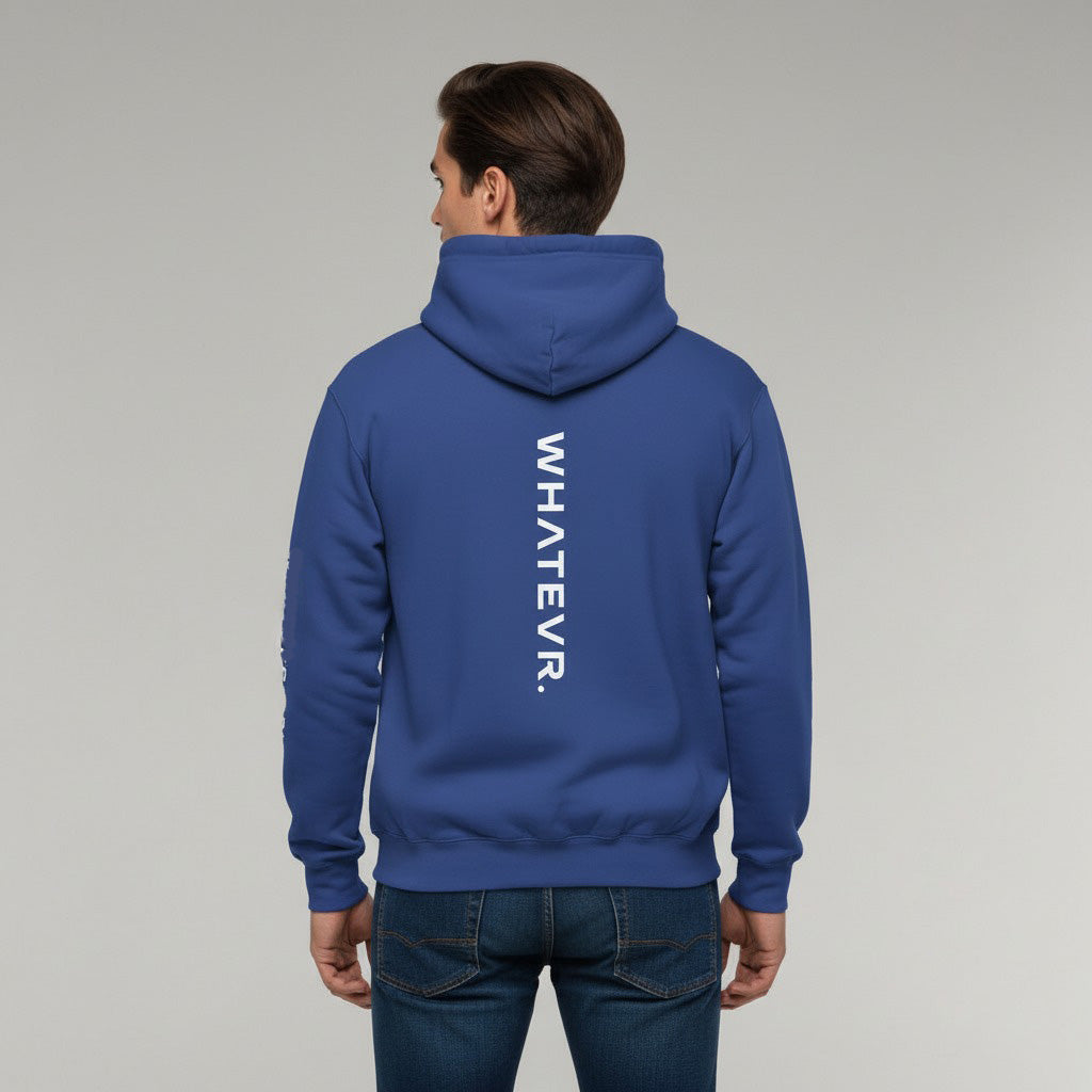 Men's premium heavyweight hoodie in blue with "WHATEVR" text, back view.