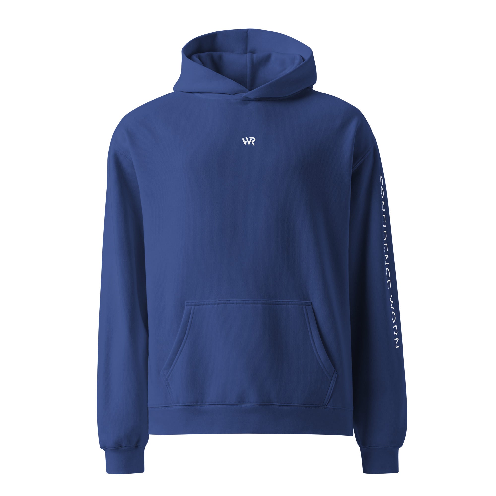 Men's premium heavyweight hoodie in blue with "WR" logo, front view.