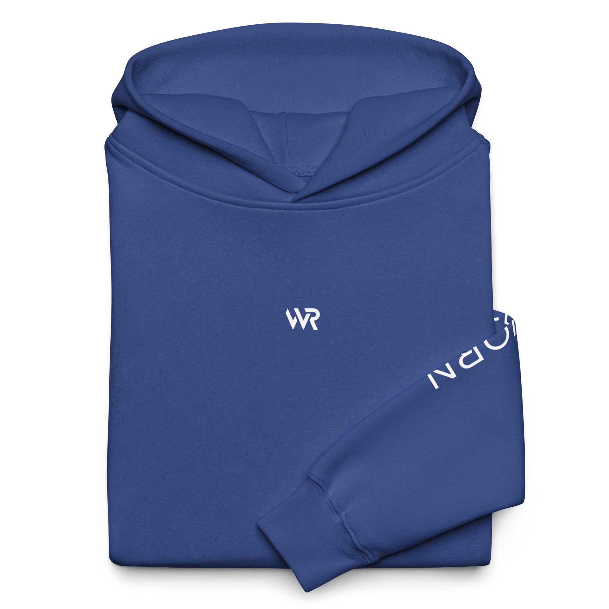 Men's premium heavyweight hoodie in blue with "WR" logo, front view.