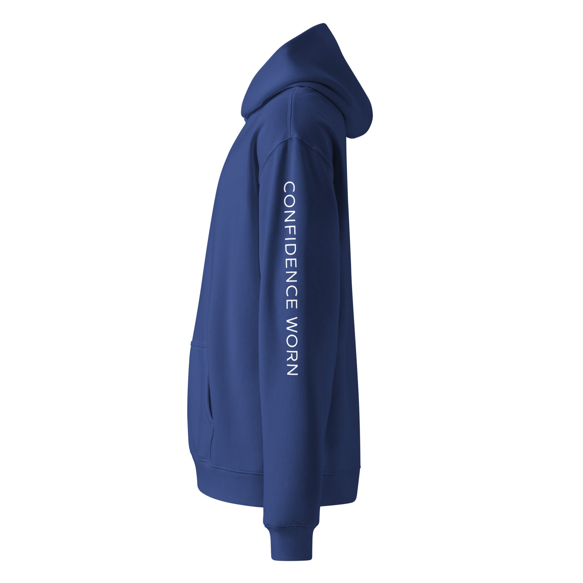 Men's premium heavyweight hoodie in blue with "CONFIDENCE WORN" text, side view.