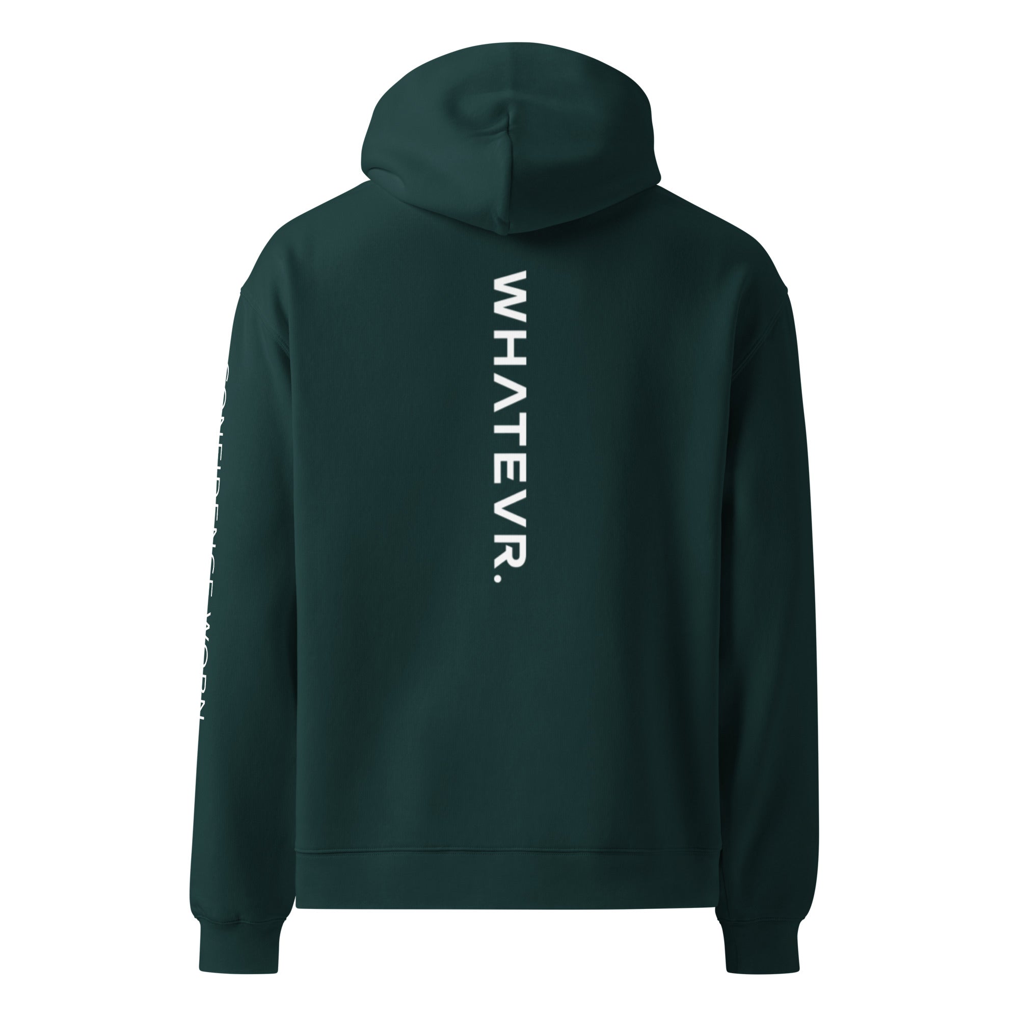 Men's premium heavyweight hoodie in green with "WHATEVR" text, back view.