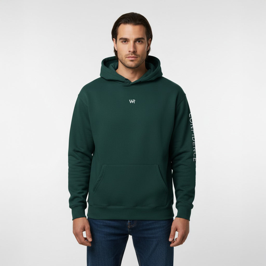 Men's premium heavyweight hoodie in green with "WR" logo, front view.