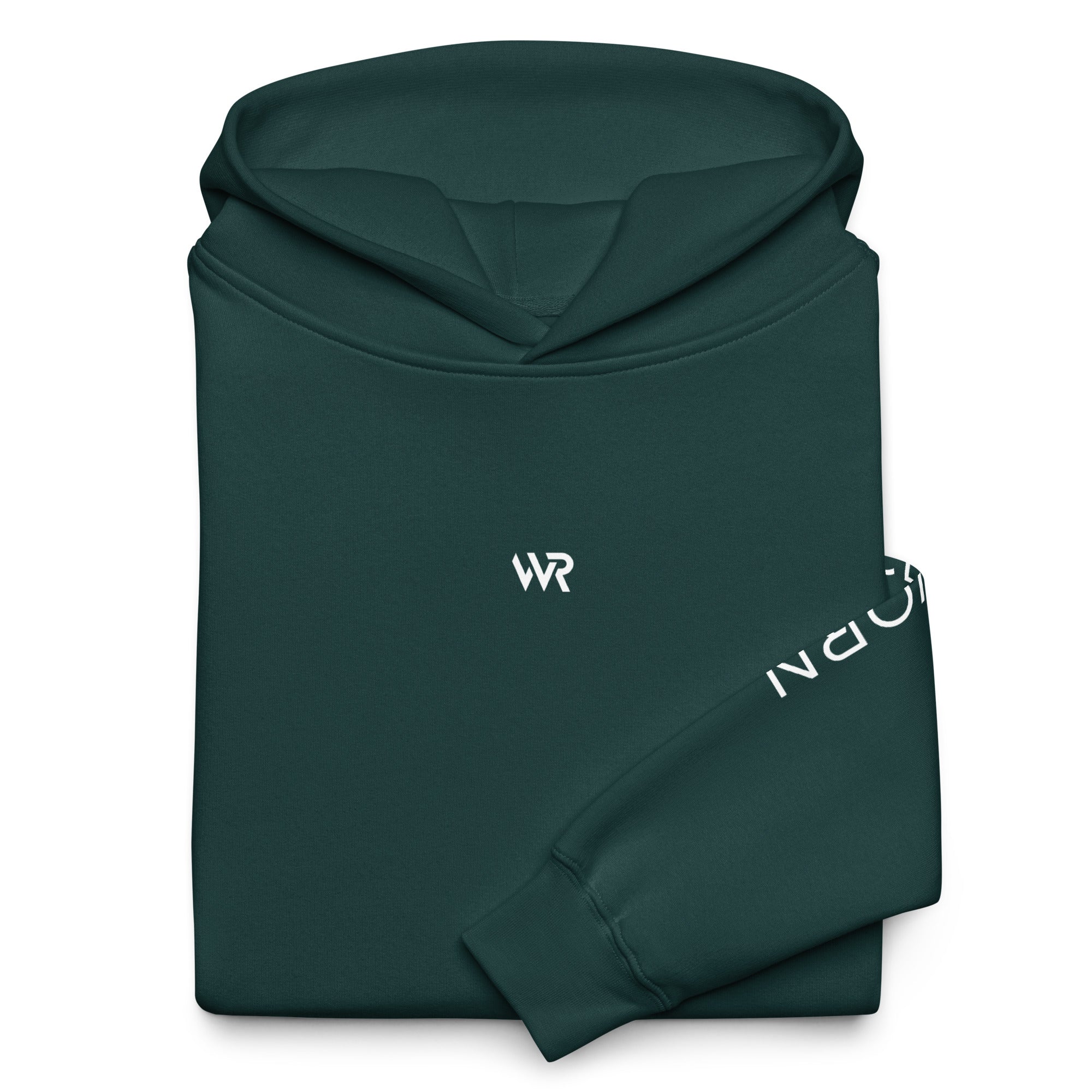 Men's premium heavyweight hoodie in green with "WR" logo, front view.