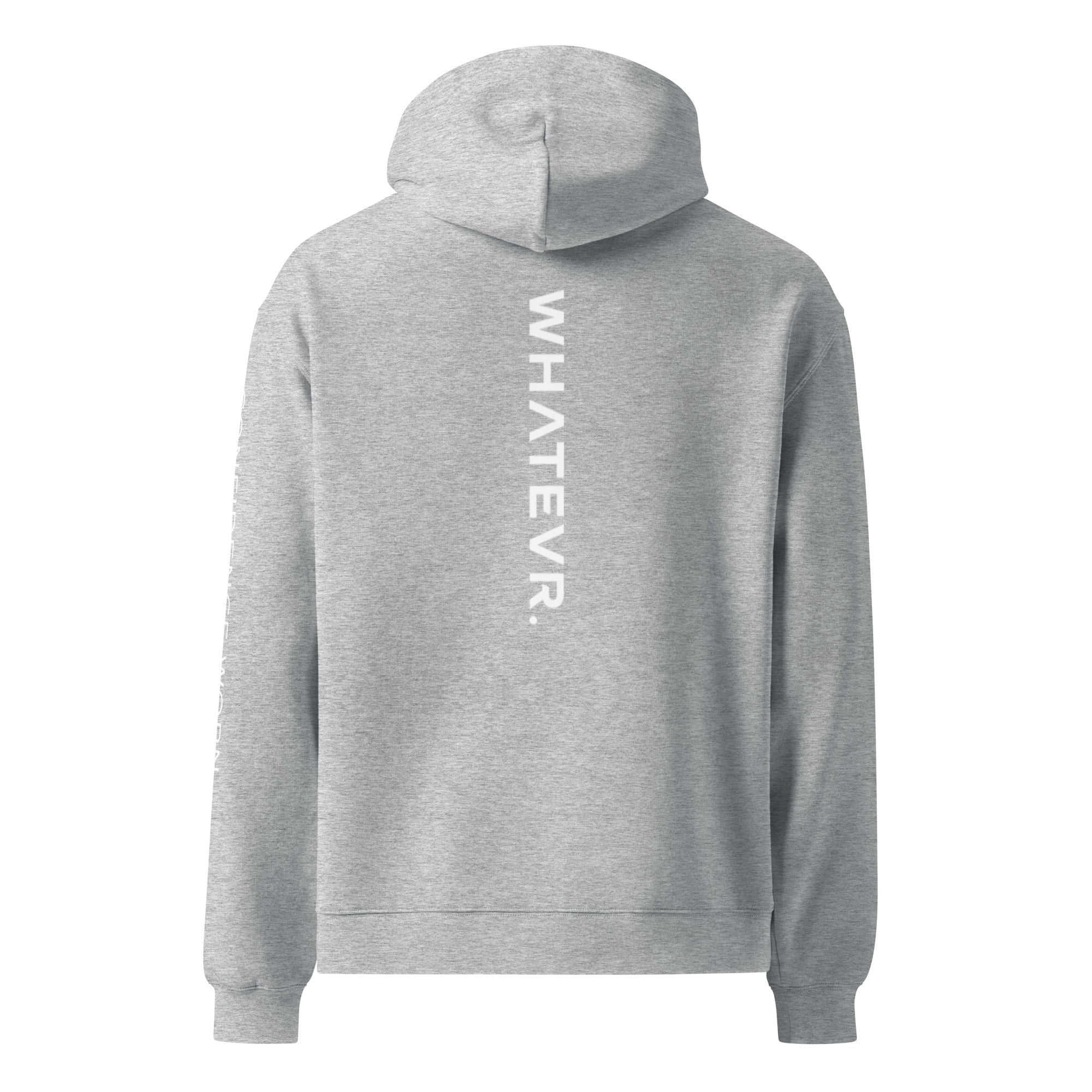Men's premium heavyweight hoodie in heather grey with "WHATEVR" text, back view.