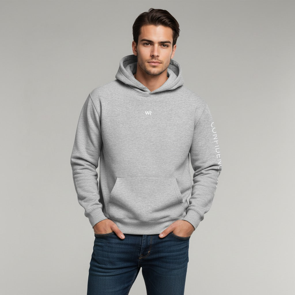 Men's premium heavyweight hoodie in heather grey with "WR" logo, front view.