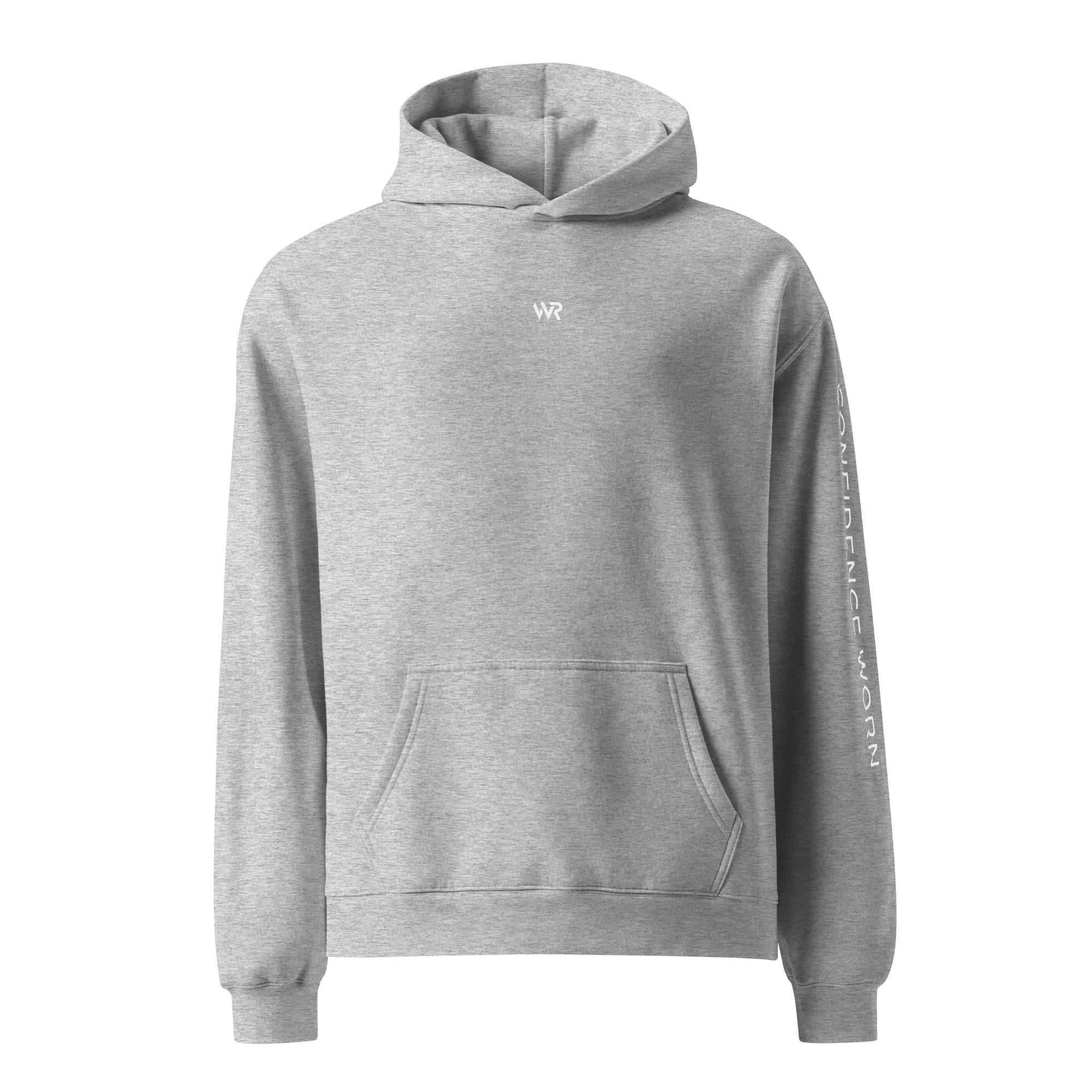 Men's premium heavyweight hoodie in heather grey with "WR" logo, front view.