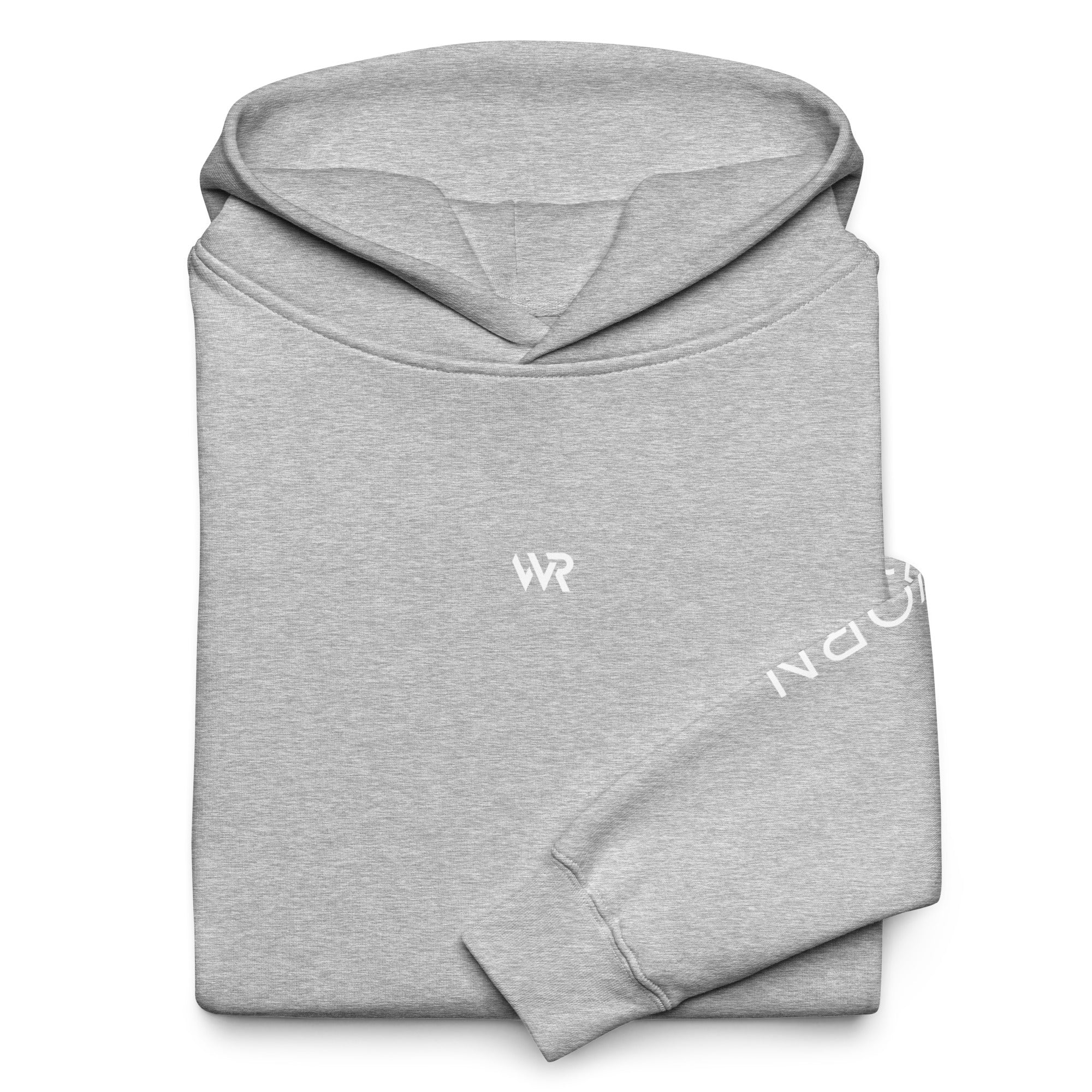 Men's premium heavyweight hoodie in heather grey with "WR" logo, front view.