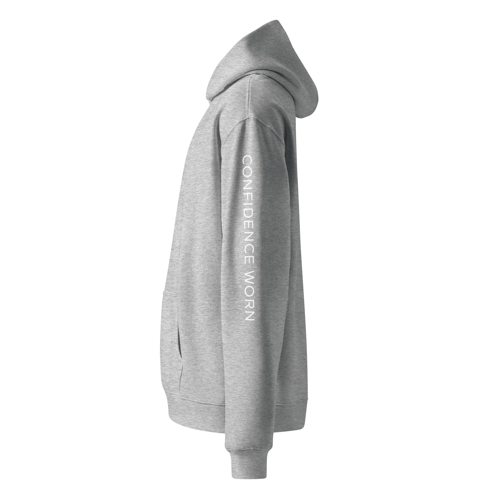 Men's premium heavyweight hoodie in heather grey with "CONFIDENCE WORN" text, side view.