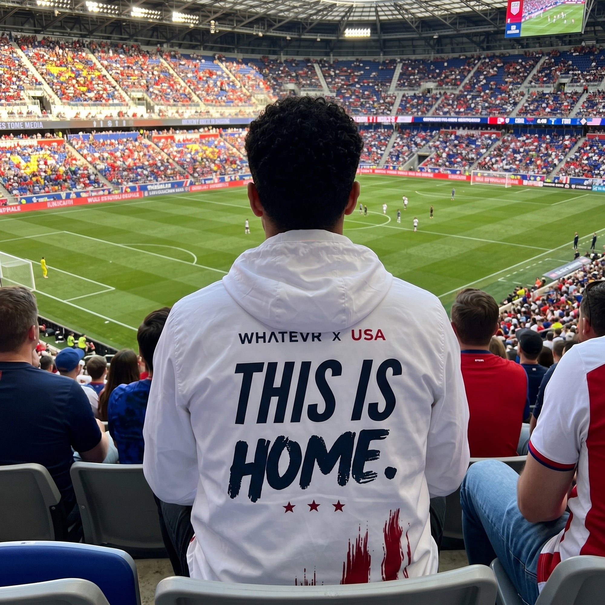 Person wearing a white jacket with 'This is Home' text at a sports event in a stadium.