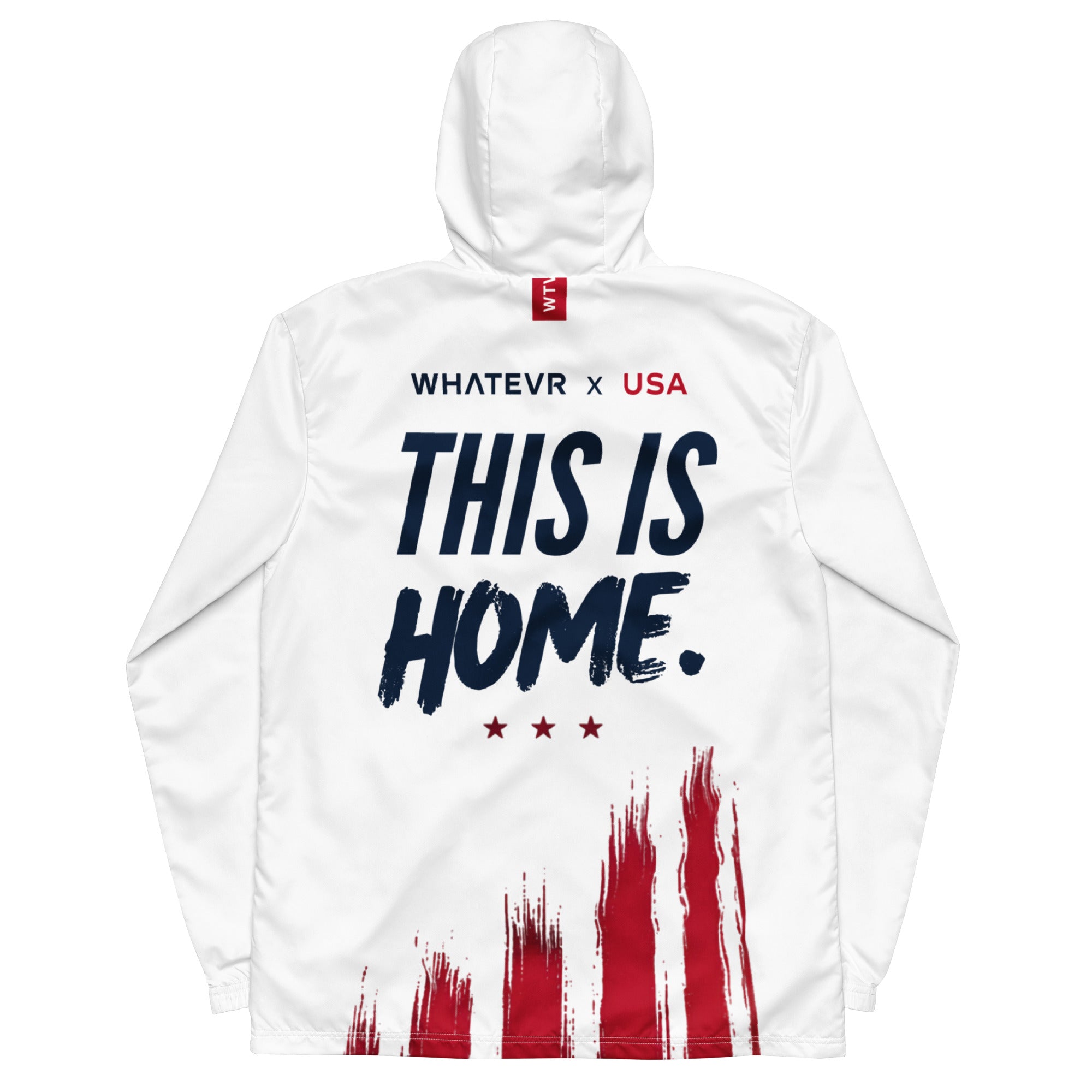 White hoodie with 'This is Home' text and American flag design on a white background