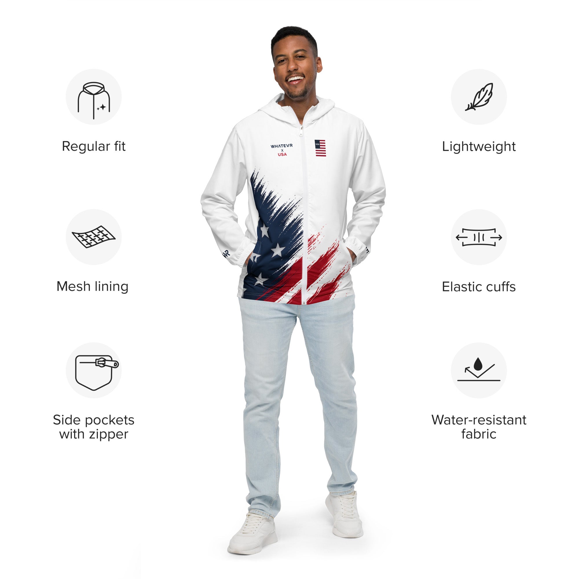 Man wearing a white jacket with American flag design, surrounded by feature icons on a white background