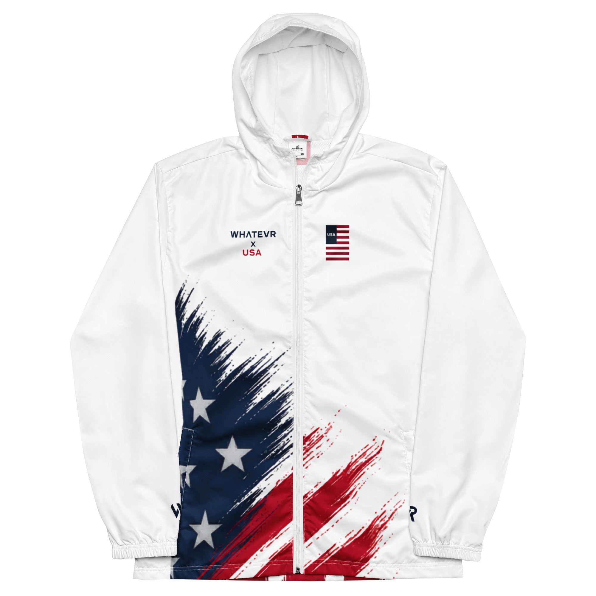 White hoodie with American flag design on a white background