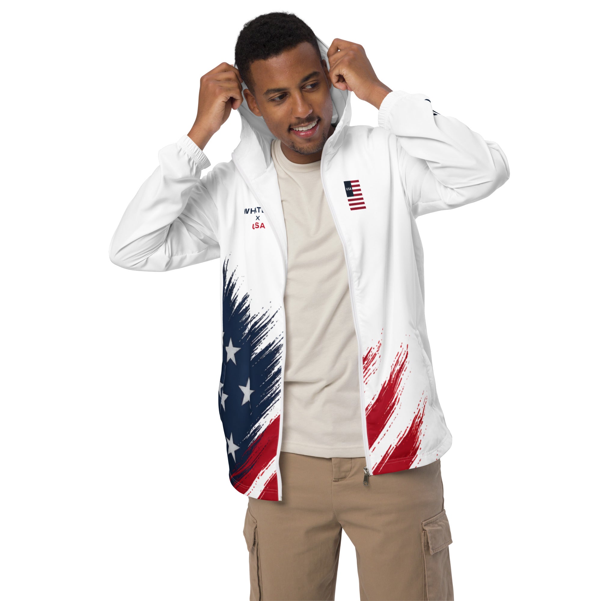 Man wearing a white jacket with American flag design on a white background