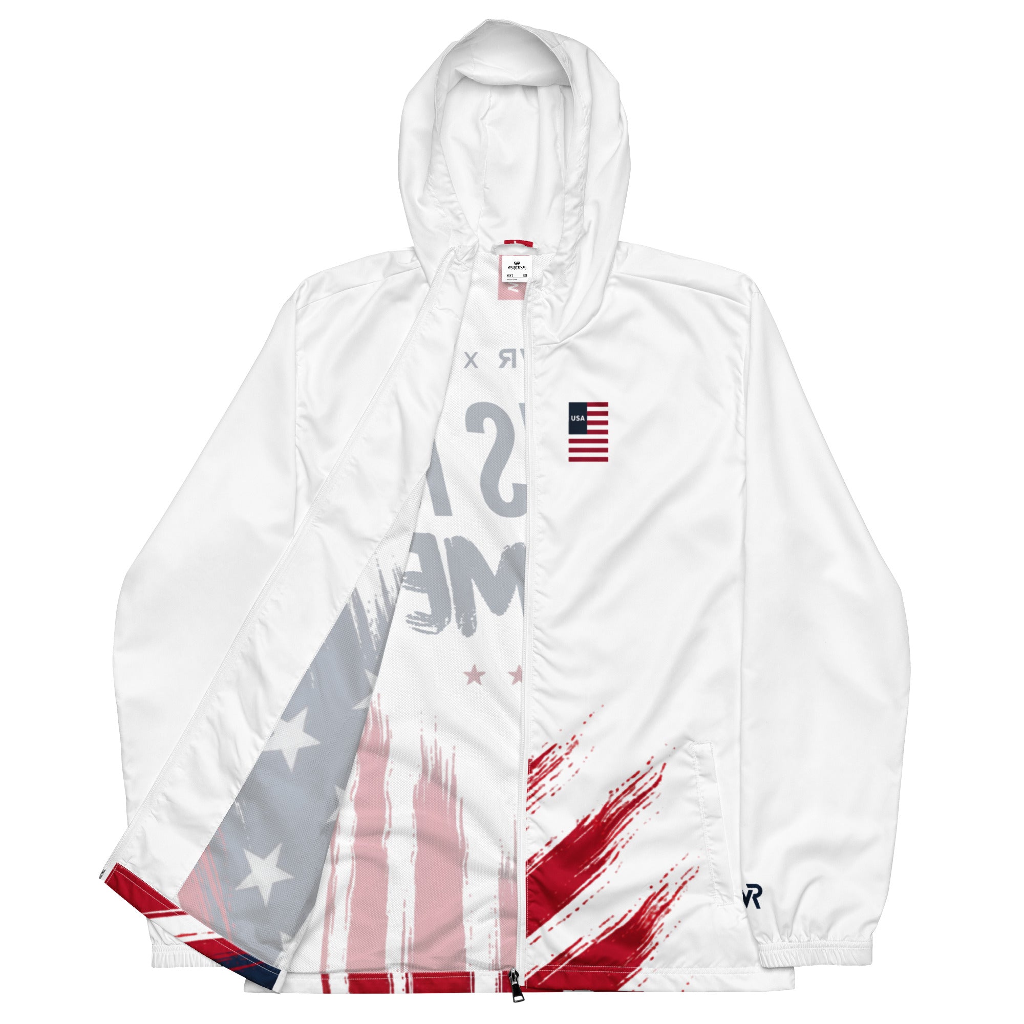 White jacket with American flag design on a white background