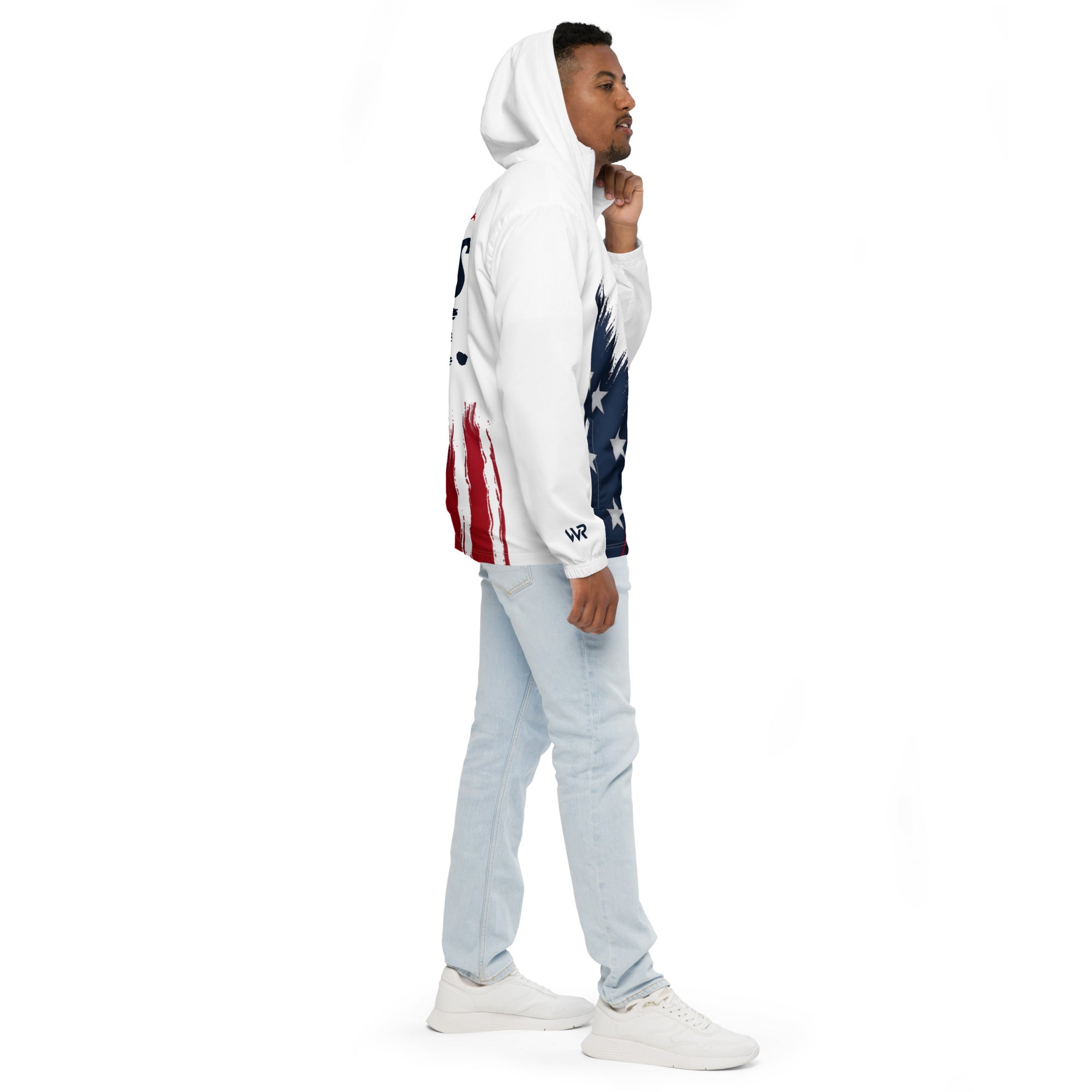 Person wearing a white hoodie with American flag design and light blue jeans on a white background