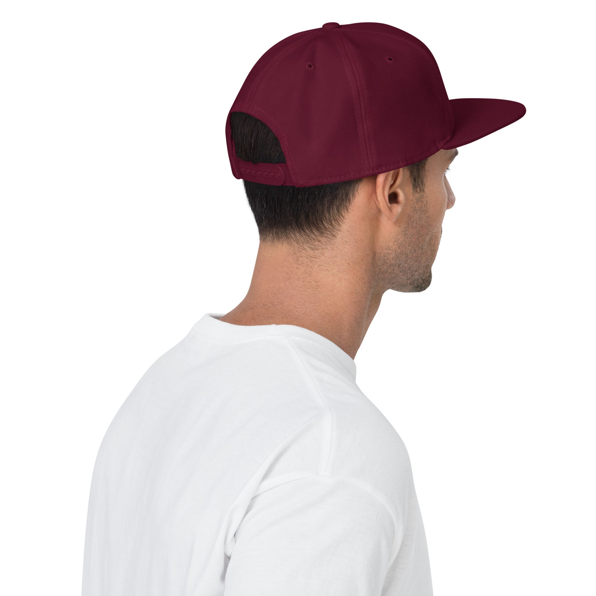 Unisex Signature snapback hat in burgundy with embroidered WR logo, back view