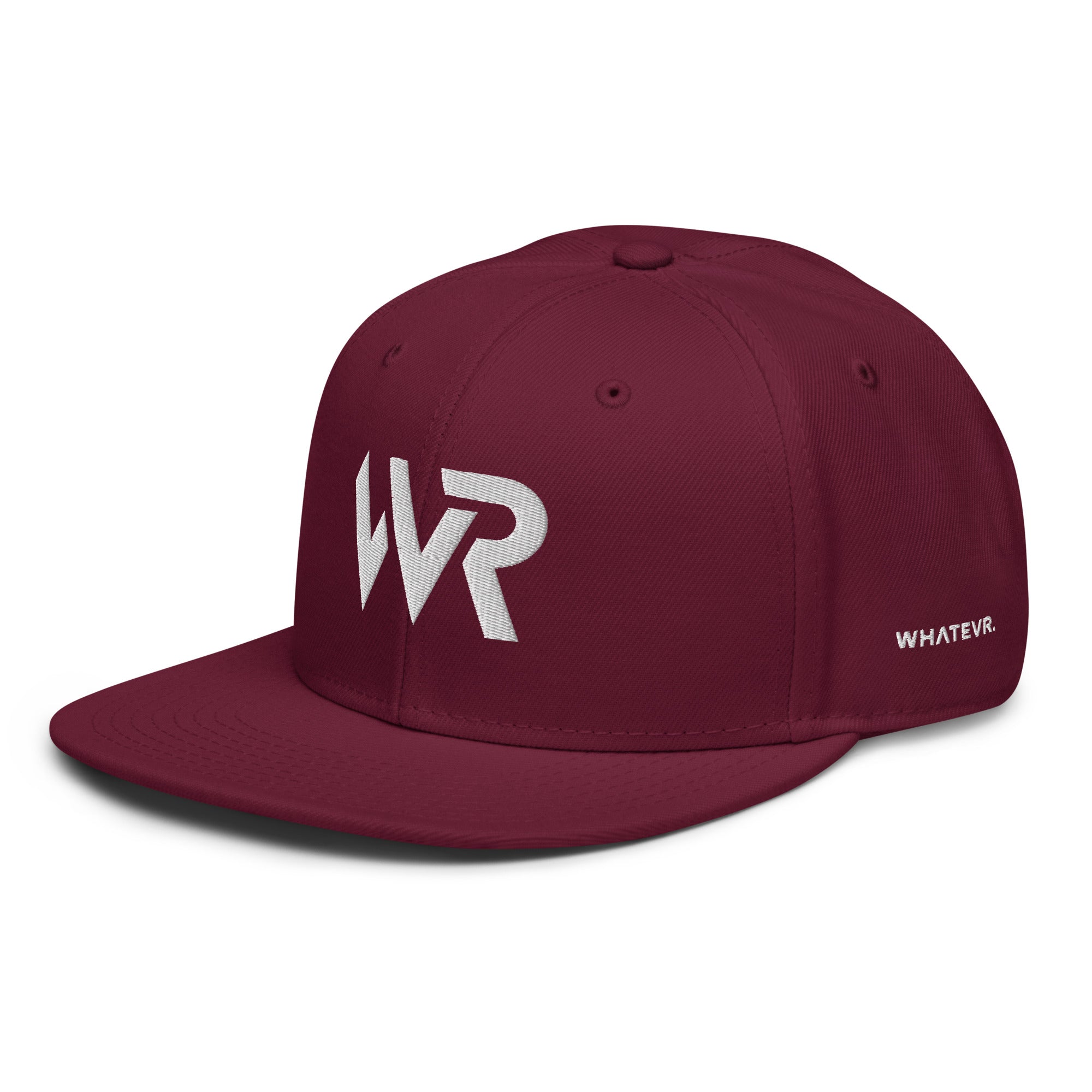Unisex Signature snapback hat in burgundy with embroidered WR logo, side view