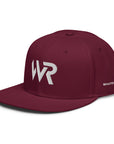 Unisex Signature snapback hat in burgundy with embroidered WR logo, side view