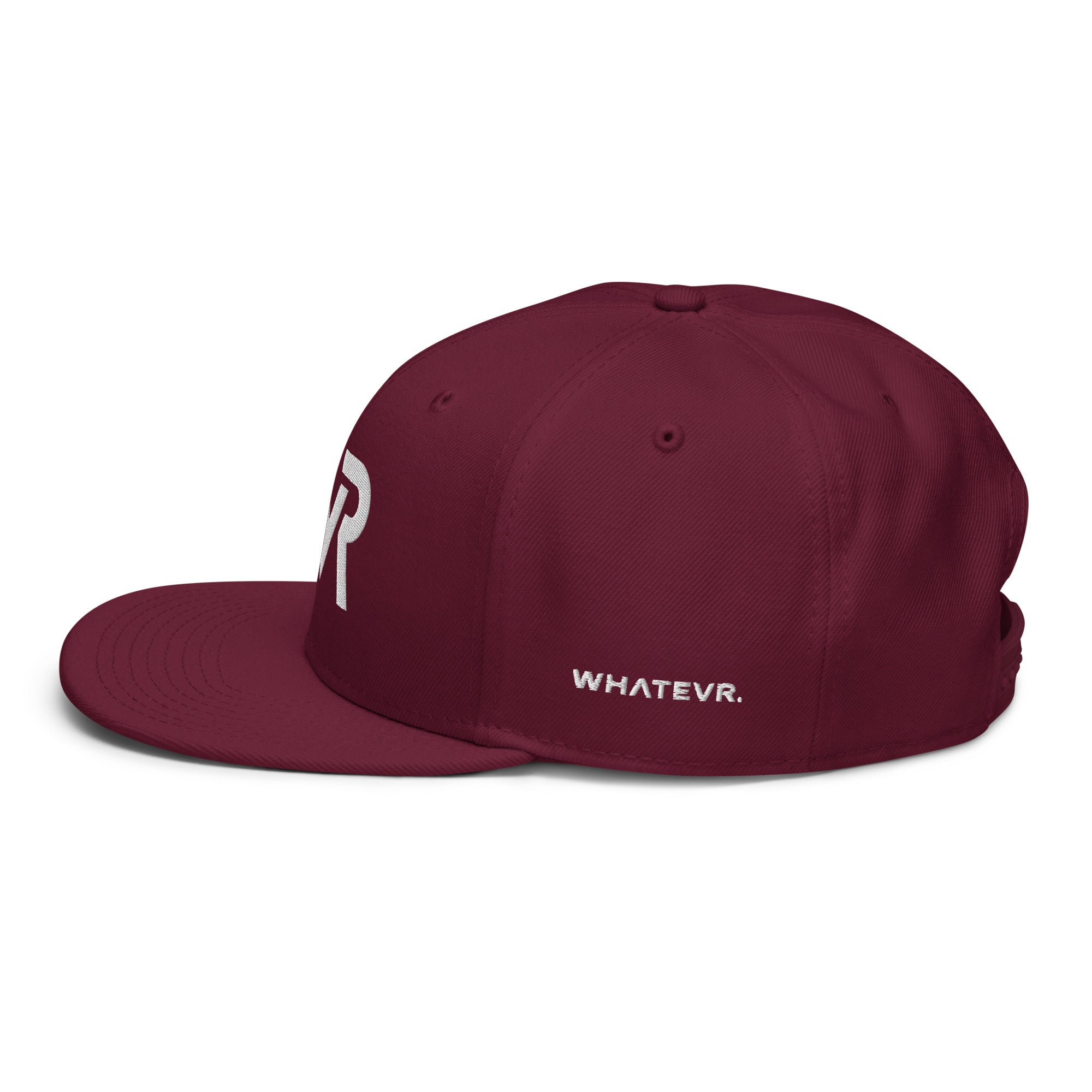 Unisex Signature snapback hat in burgundy with embroidered WR logo, side view