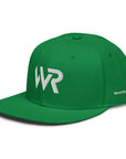 Unisex Signature snapback hat in blue with embroidered WR logo, side view