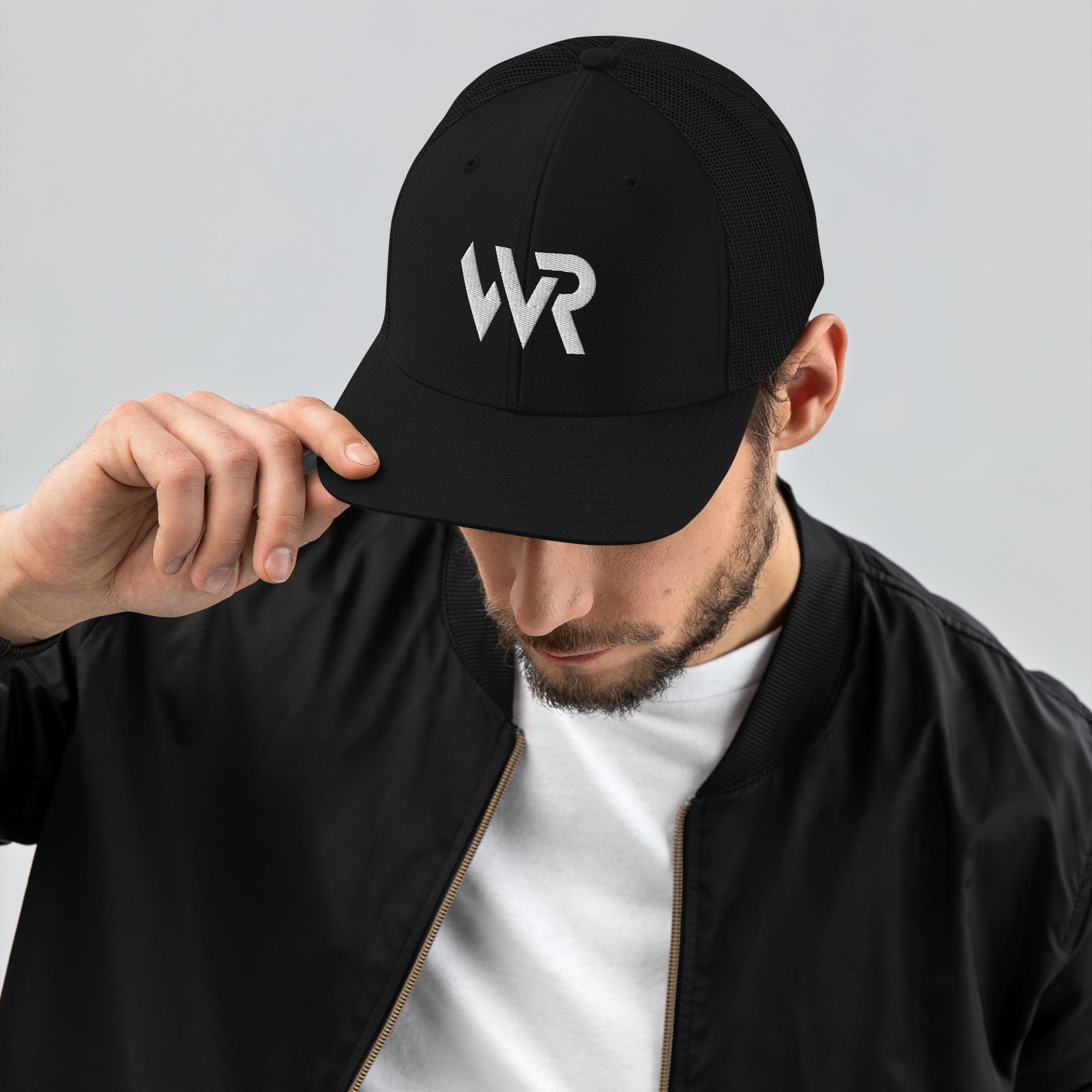 Unisex Signature trucker hat in black with embroidered WR logo, front view