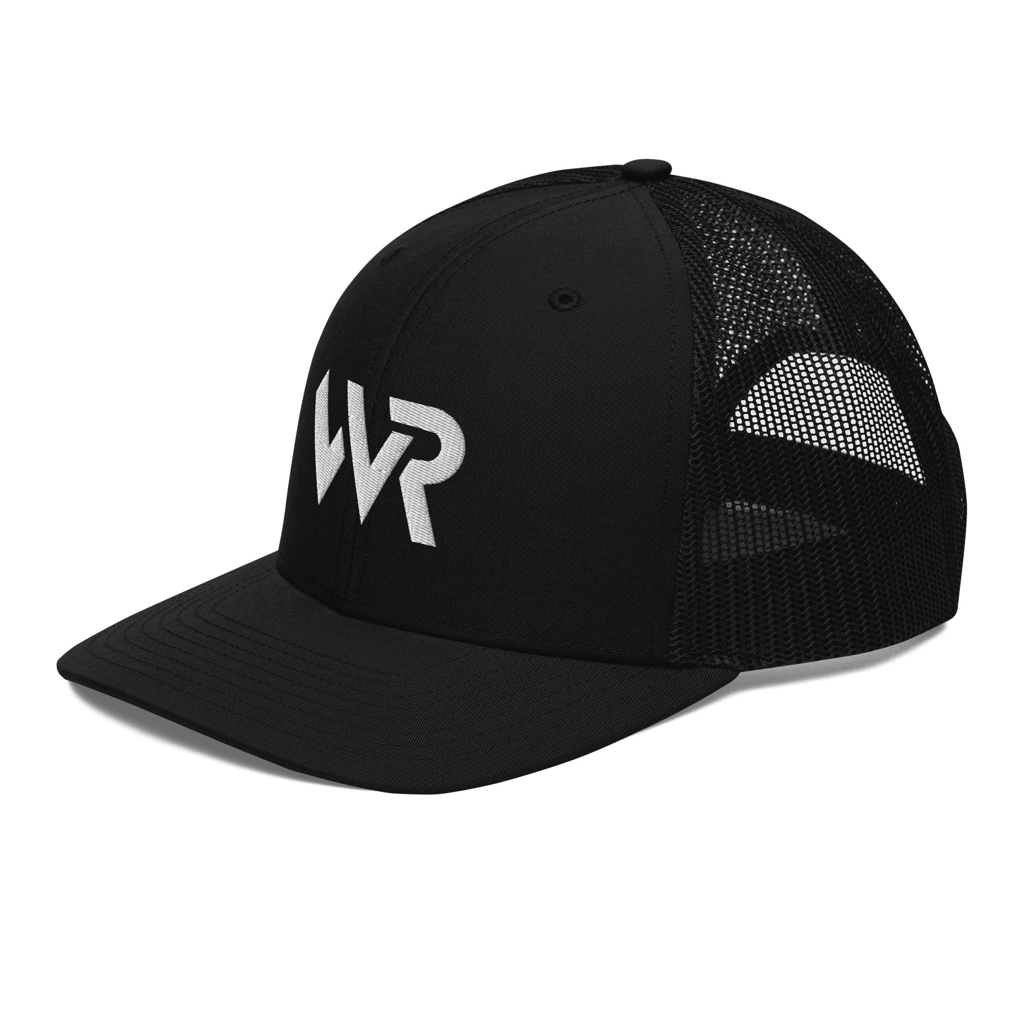 Unisex Signature trucker hat in black with embroidered WR logo, side view