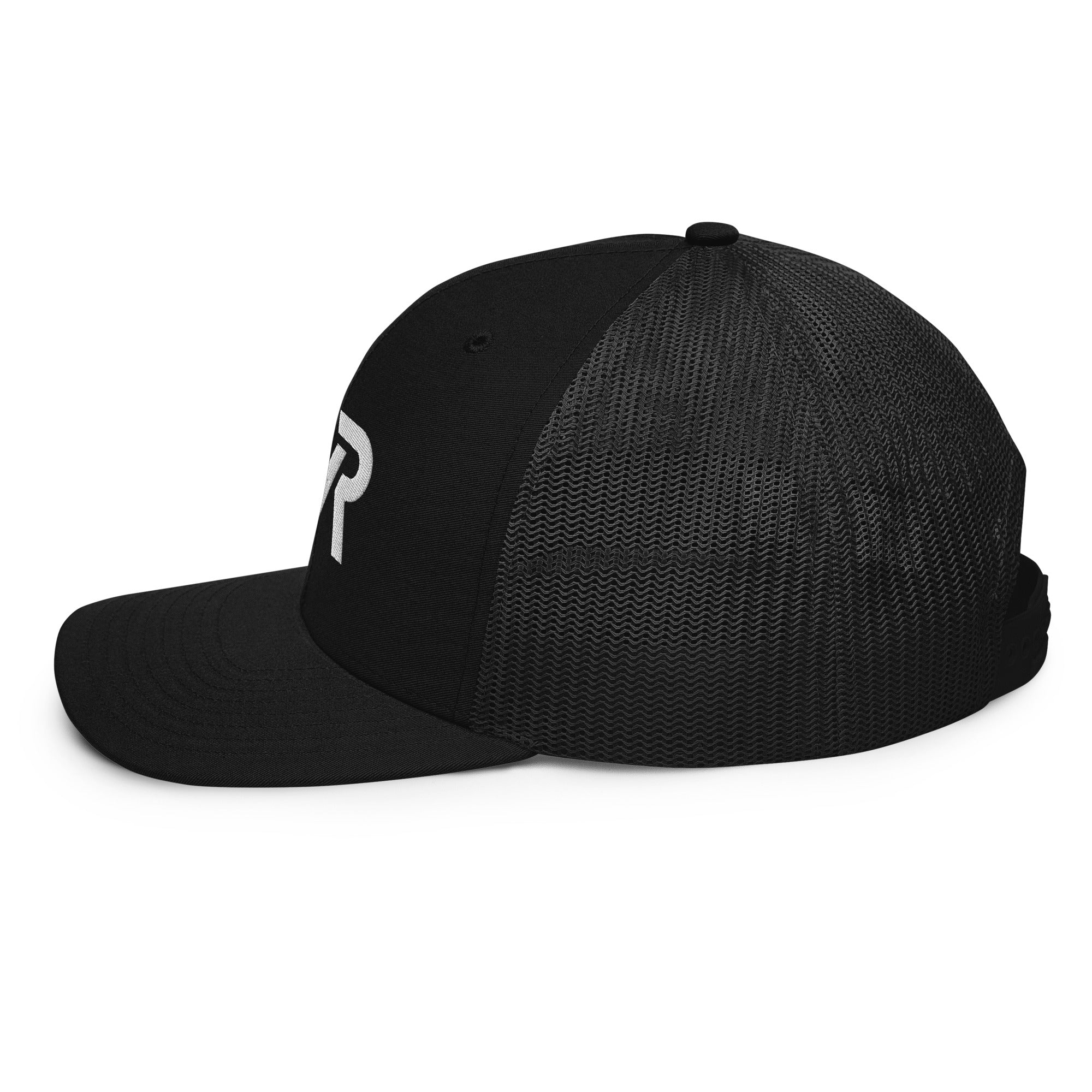 Unisex Signature trucker hat in black with embroidered WR logo, side view
