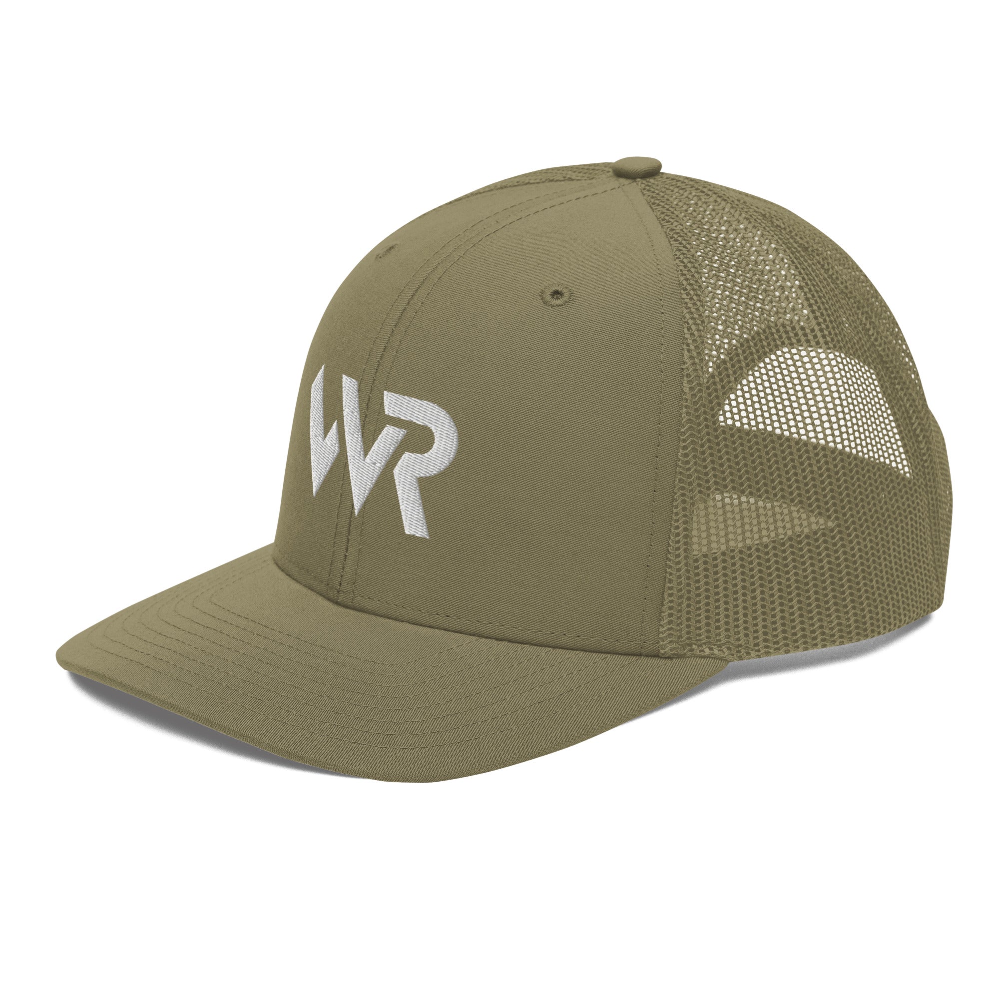 Unisex Signature trucker hat in green with embroidered WR logo, side view