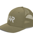 Unisex Signature trucker hat in green with embroidered WR logo, side view