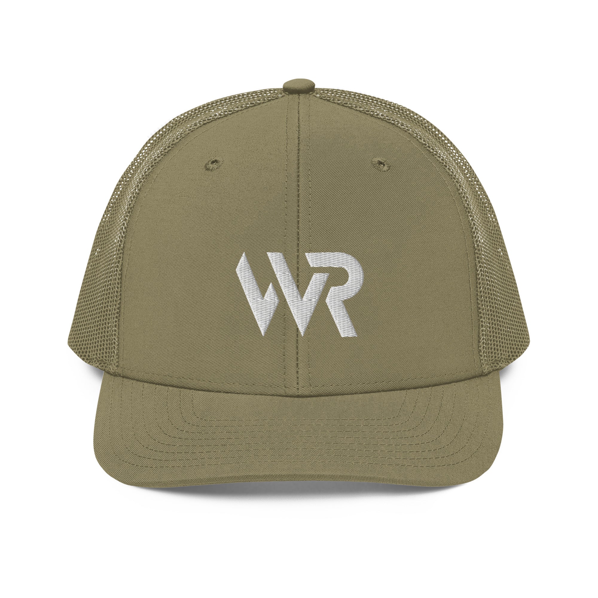 Unisex Signature trucker hat in green with embroidered WR logo, front view