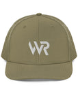 Unisex Signature trucker hat in green with embroidered WR logo, front view