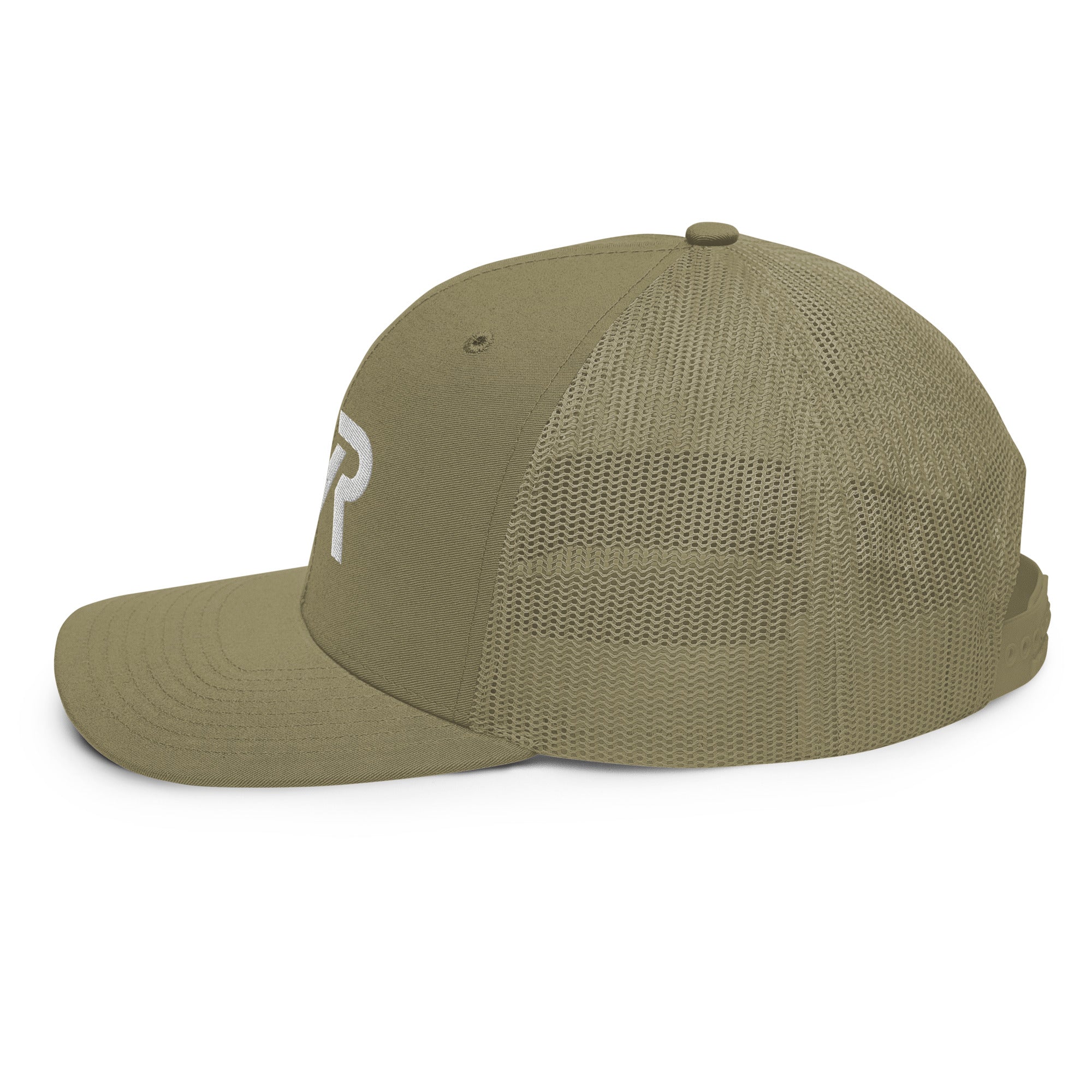 Unisex Signature trucker hat in green with embroidered WR logo, side view