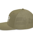Unisex Signature trucker hat in green with embroidered WR logo, side view