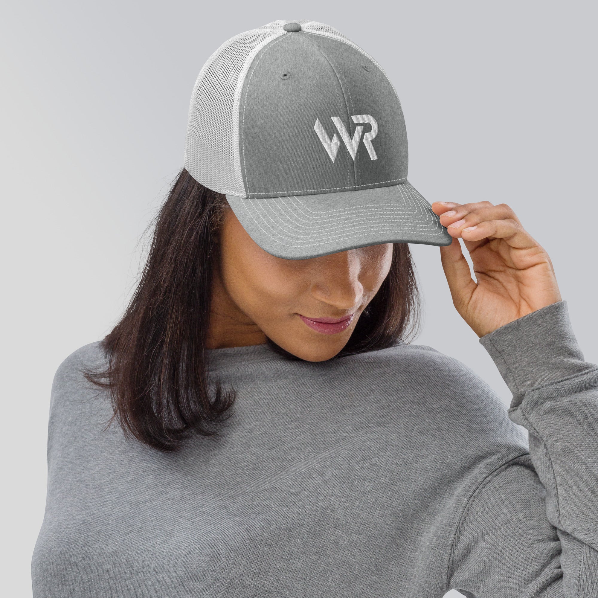 Unisex Signature trucker hat in white and gray with embroidered WR logo, front view