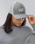 Unisex Signature trucker hat in white and gray with embroidered WR logo, front view