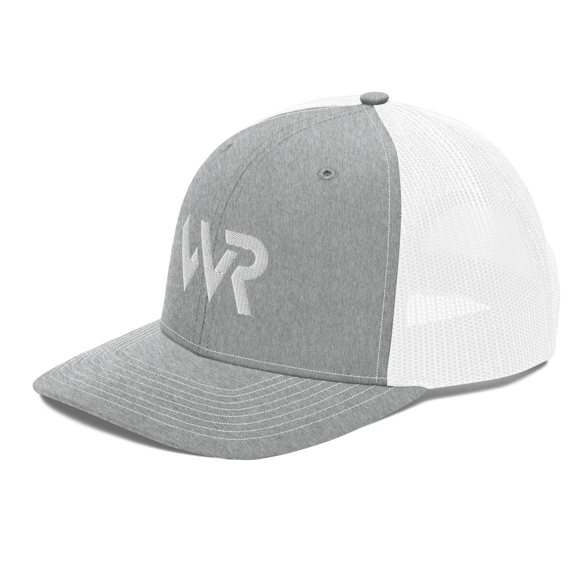 Unisex Signature trucker hat in white and gray with embroidered WR logo, front view