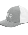 Unisex Signature trucker hat in white and gray with embroidered WR logo, front view