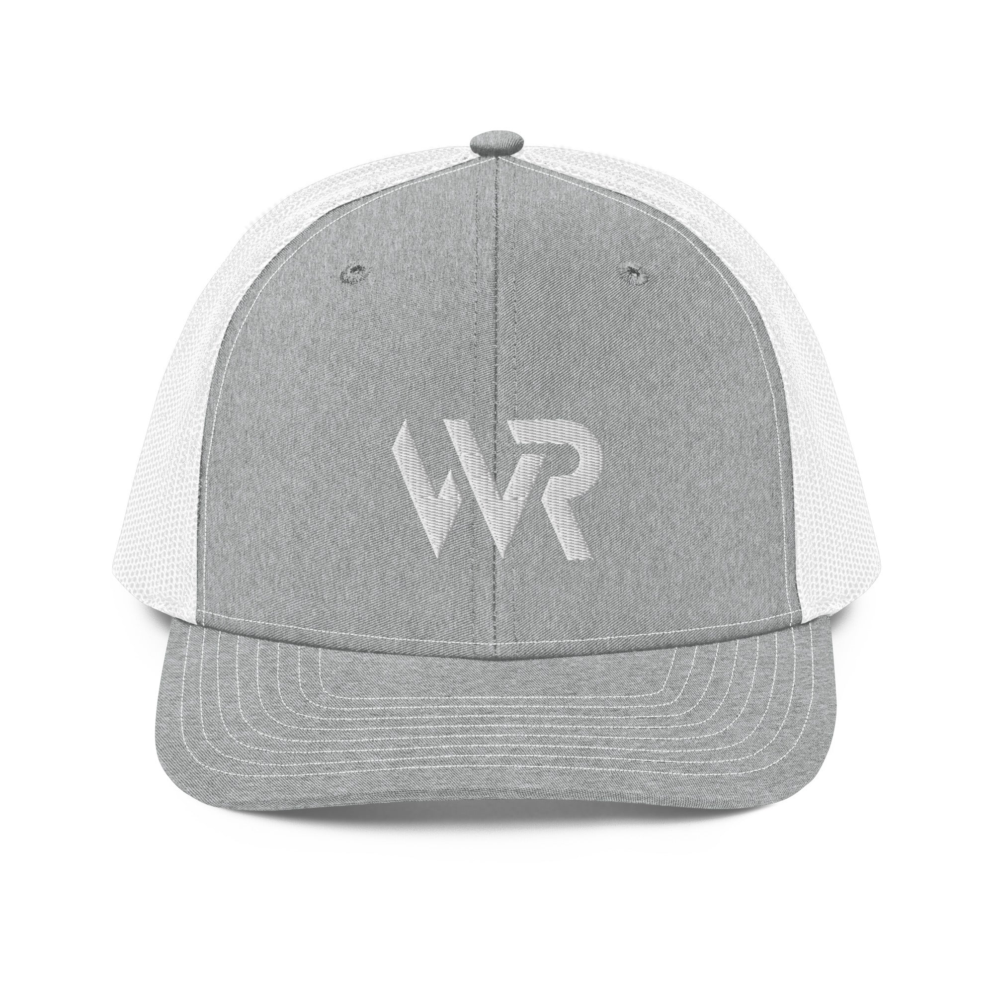 Unisex Signature trucker hat in white and gray with embroidered WR logo, front view