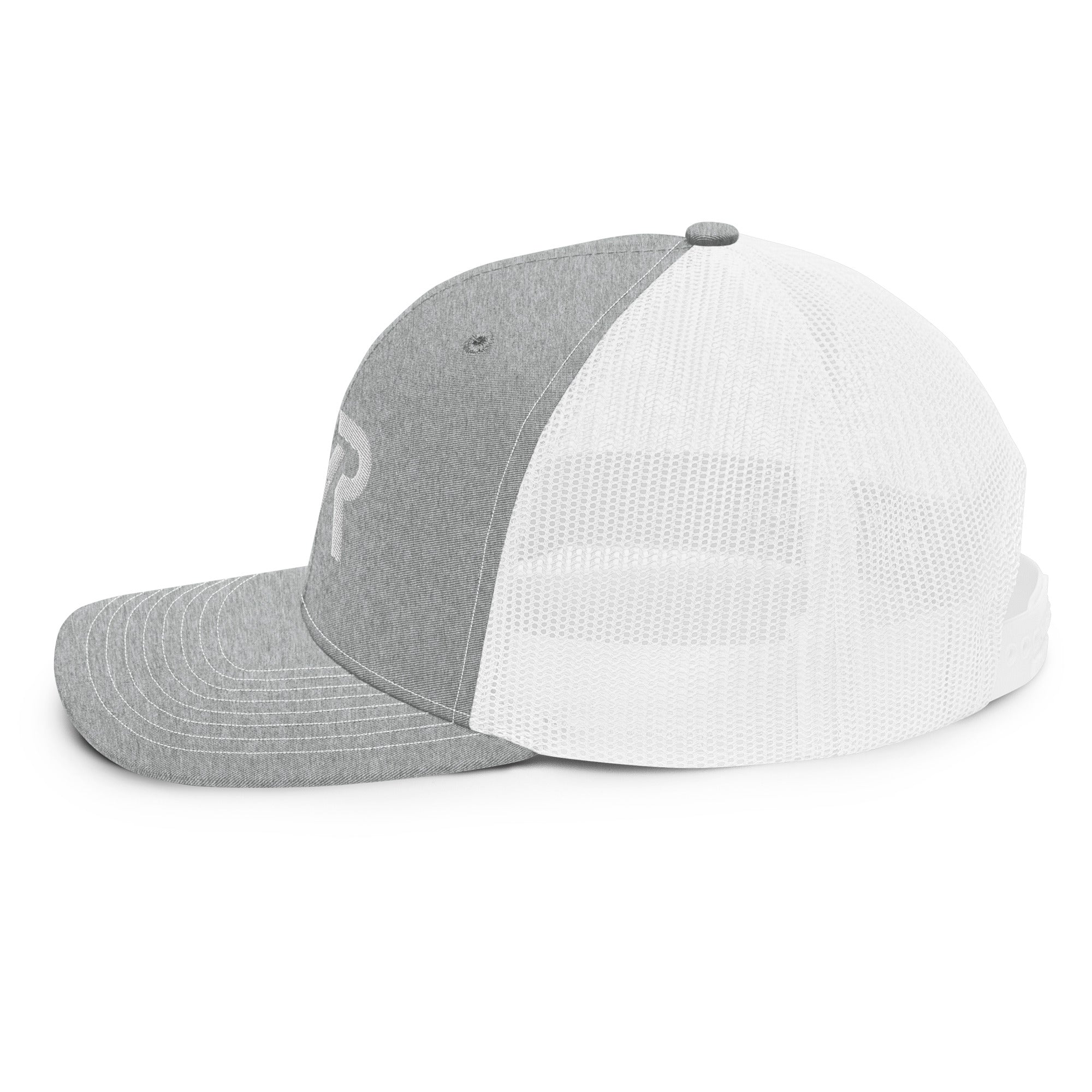 Unisex Signature trucker hat in white and gray with embroidered WR logo, side view