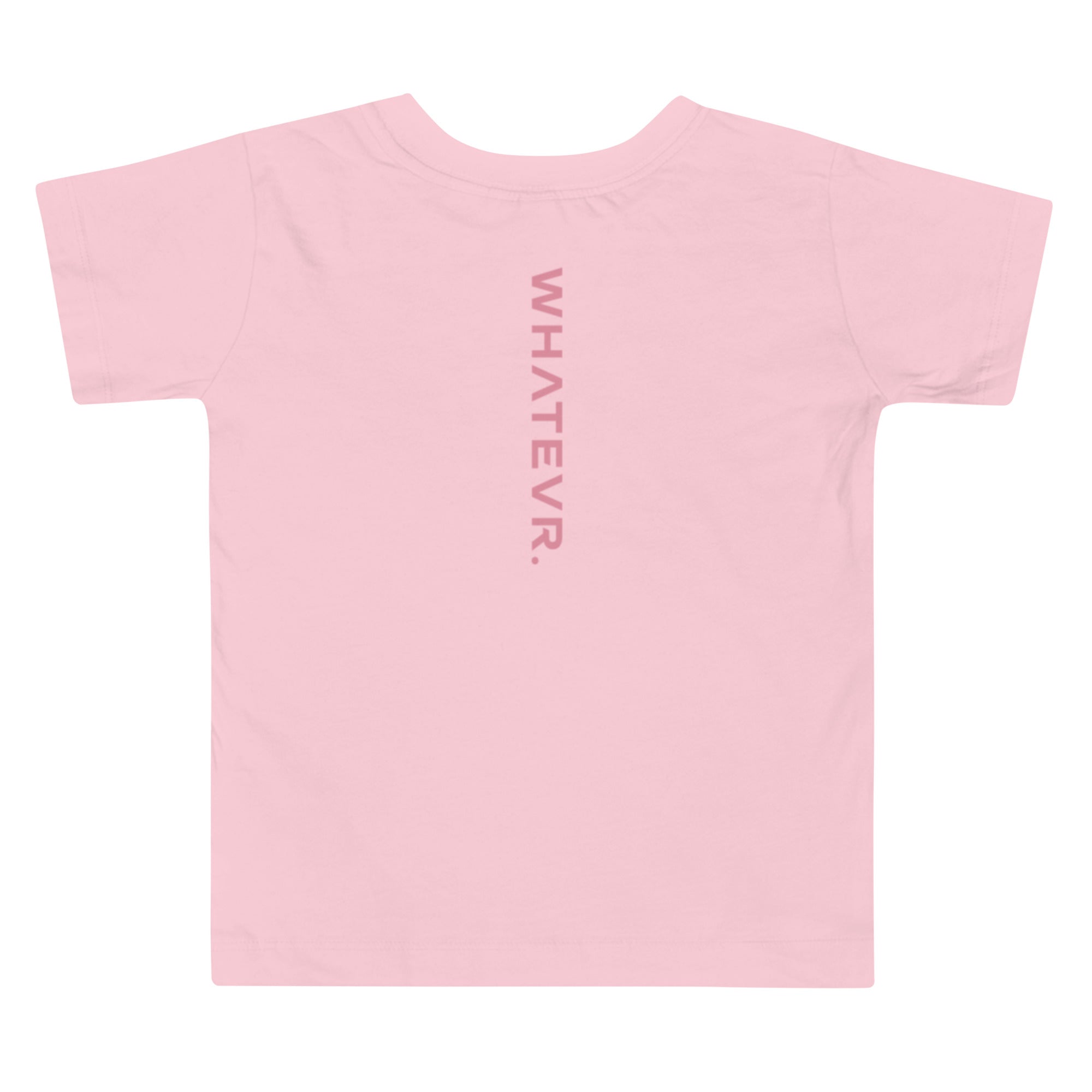 Toddler girl's t-shirt in pink with "WHATEVR" text, back view.