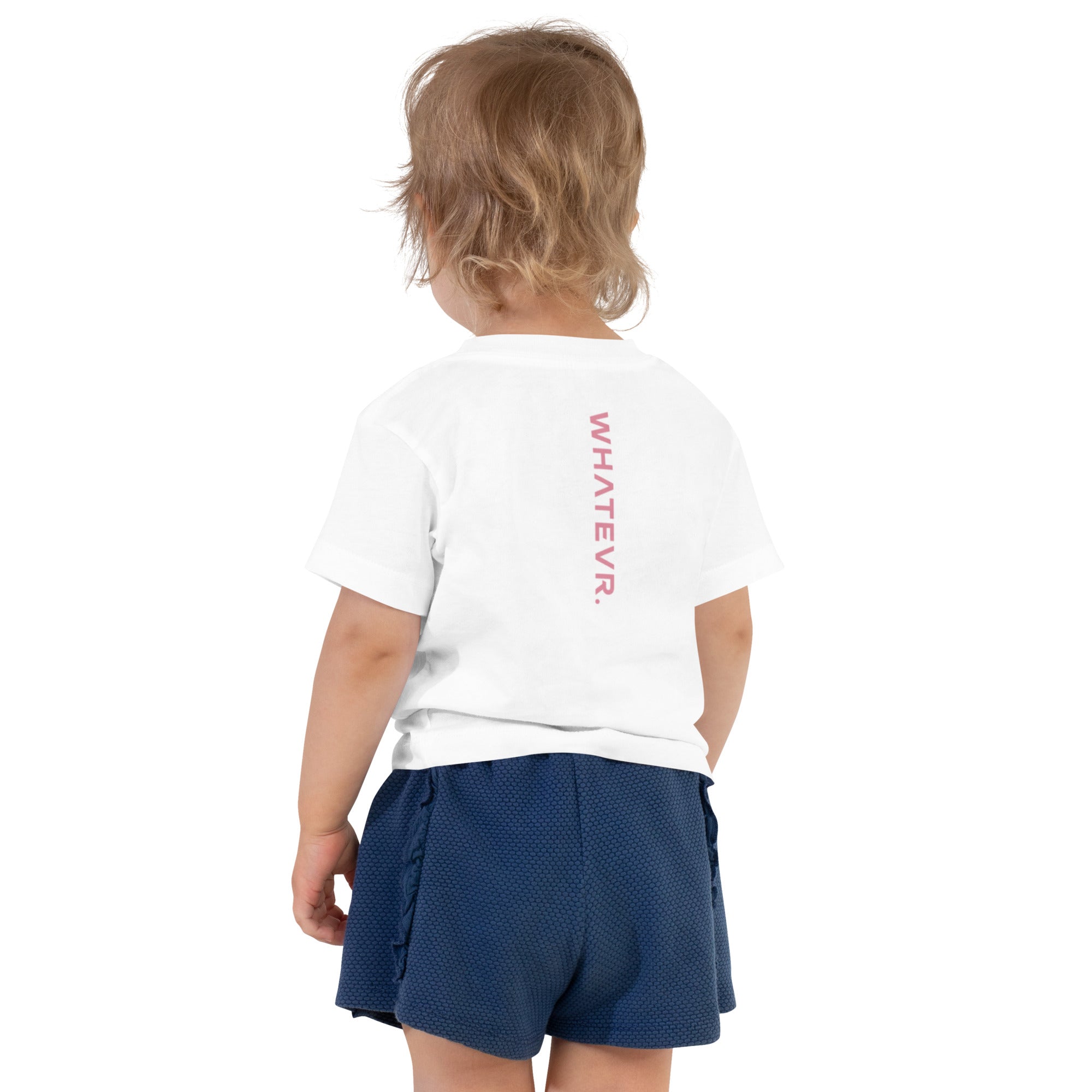 Toddler girl's t-shirt in white with "WHATEVR" text, back view.