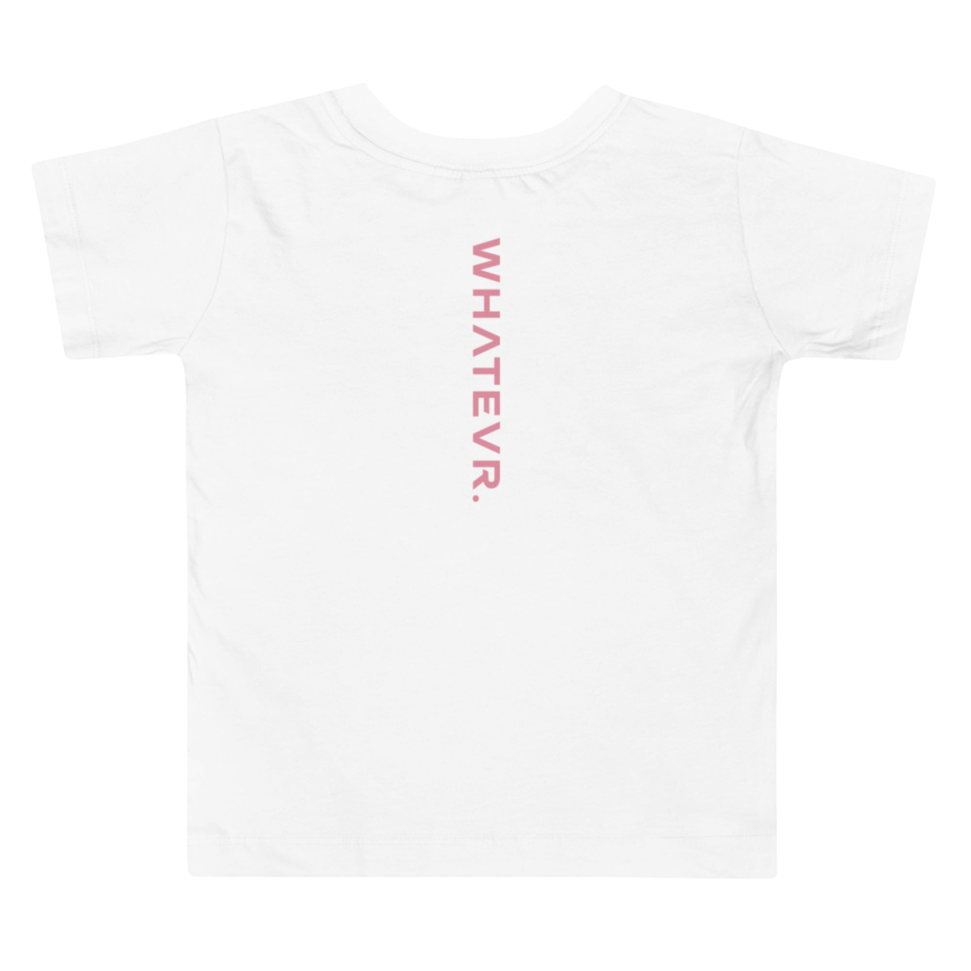 Toddler girl's t-shirt in white with "WHATEVR" text, back view.