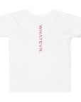 Toddler girl's t-shirt in white with "WHATEVR" text, back view.