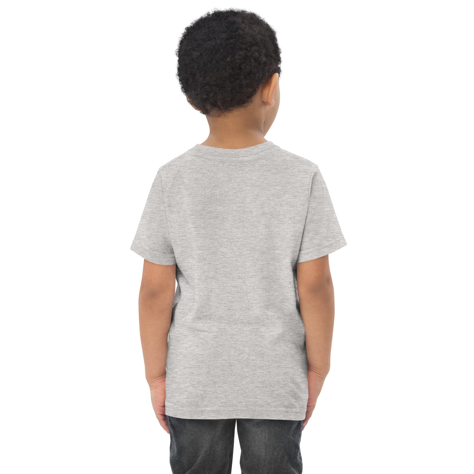 Toddler's essential t-shirt in ash heather, back view.