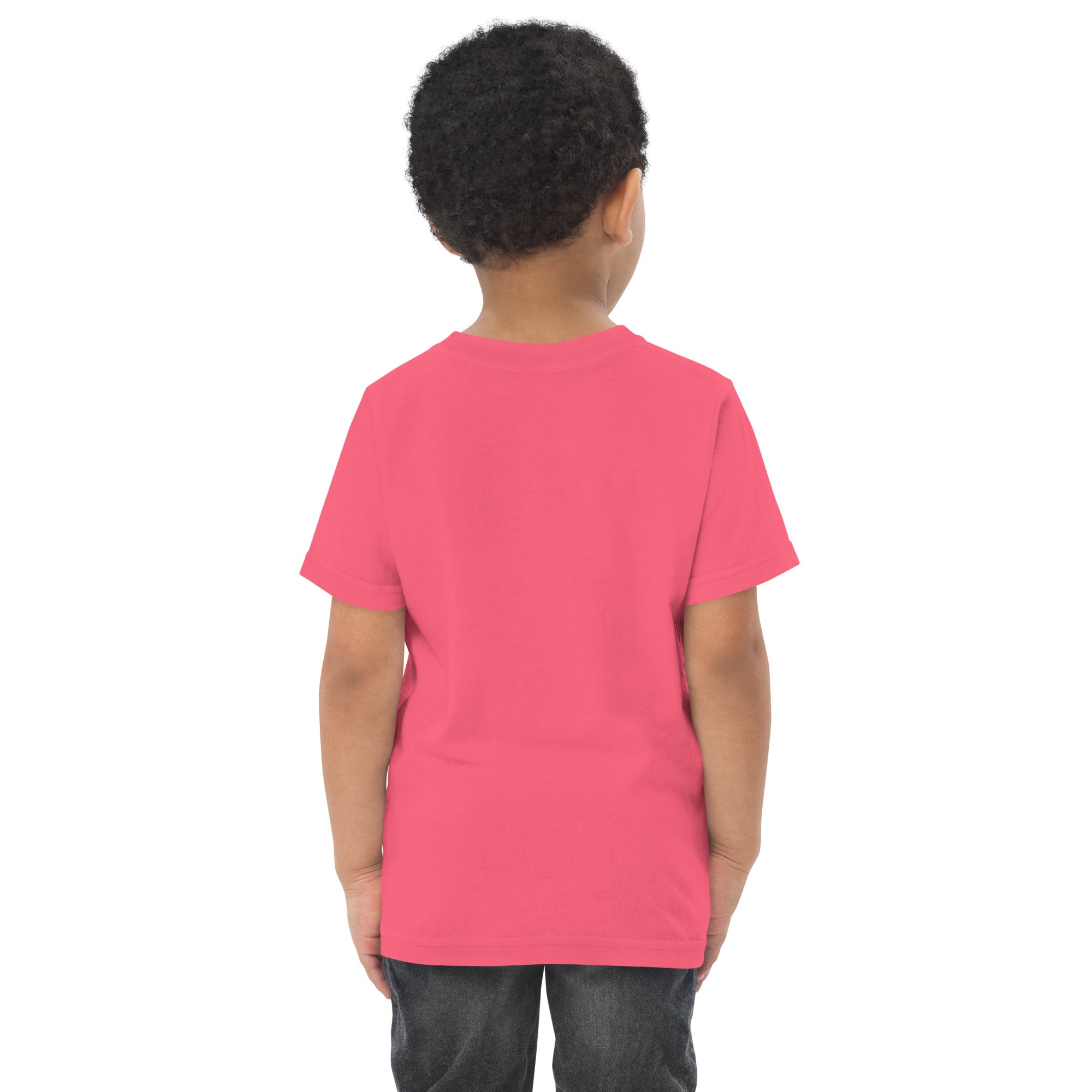 Toddler's essential t-shirt in pink, back view.