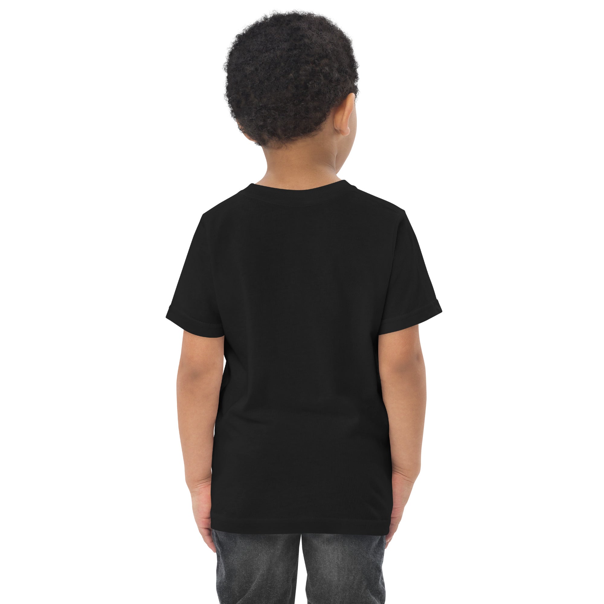 Toddler's essential t-shirt in black, back view.