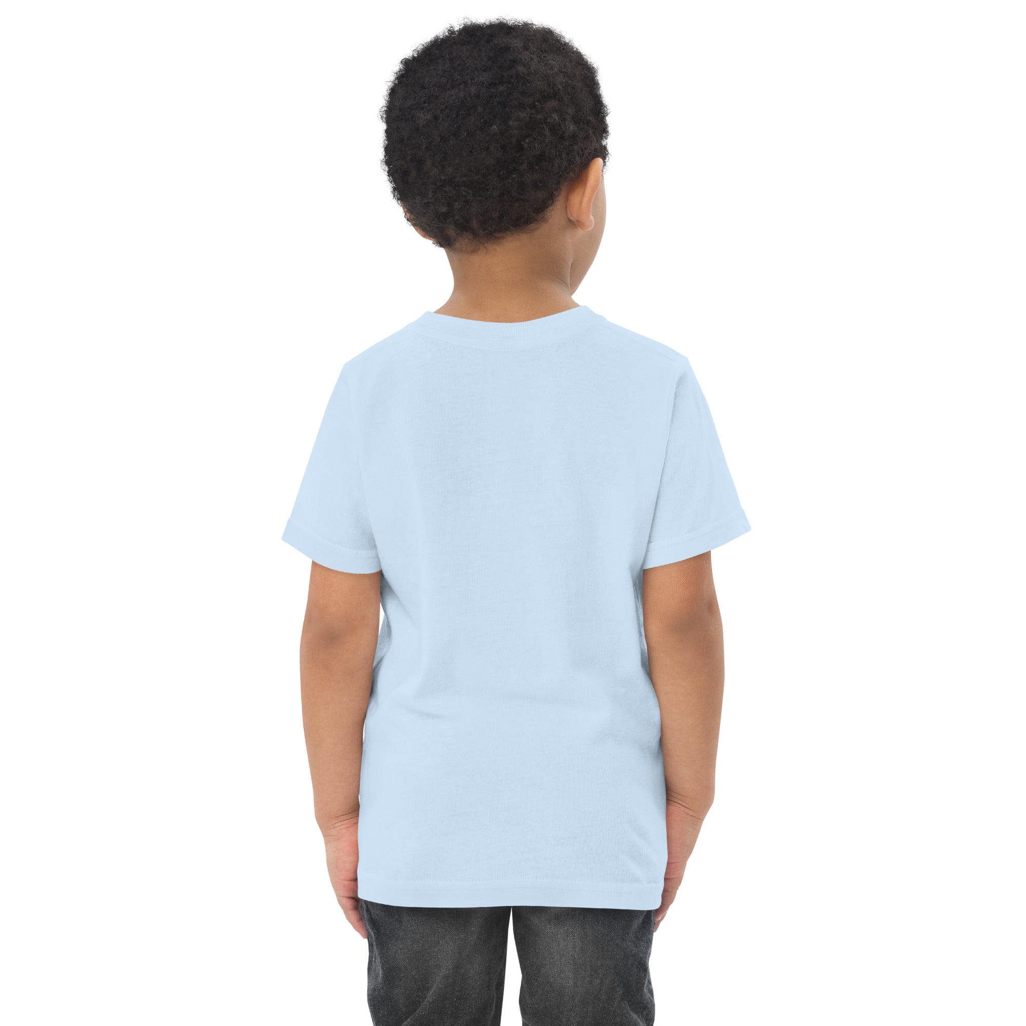 Toddler's essential t-shirt in icy blue, back view.