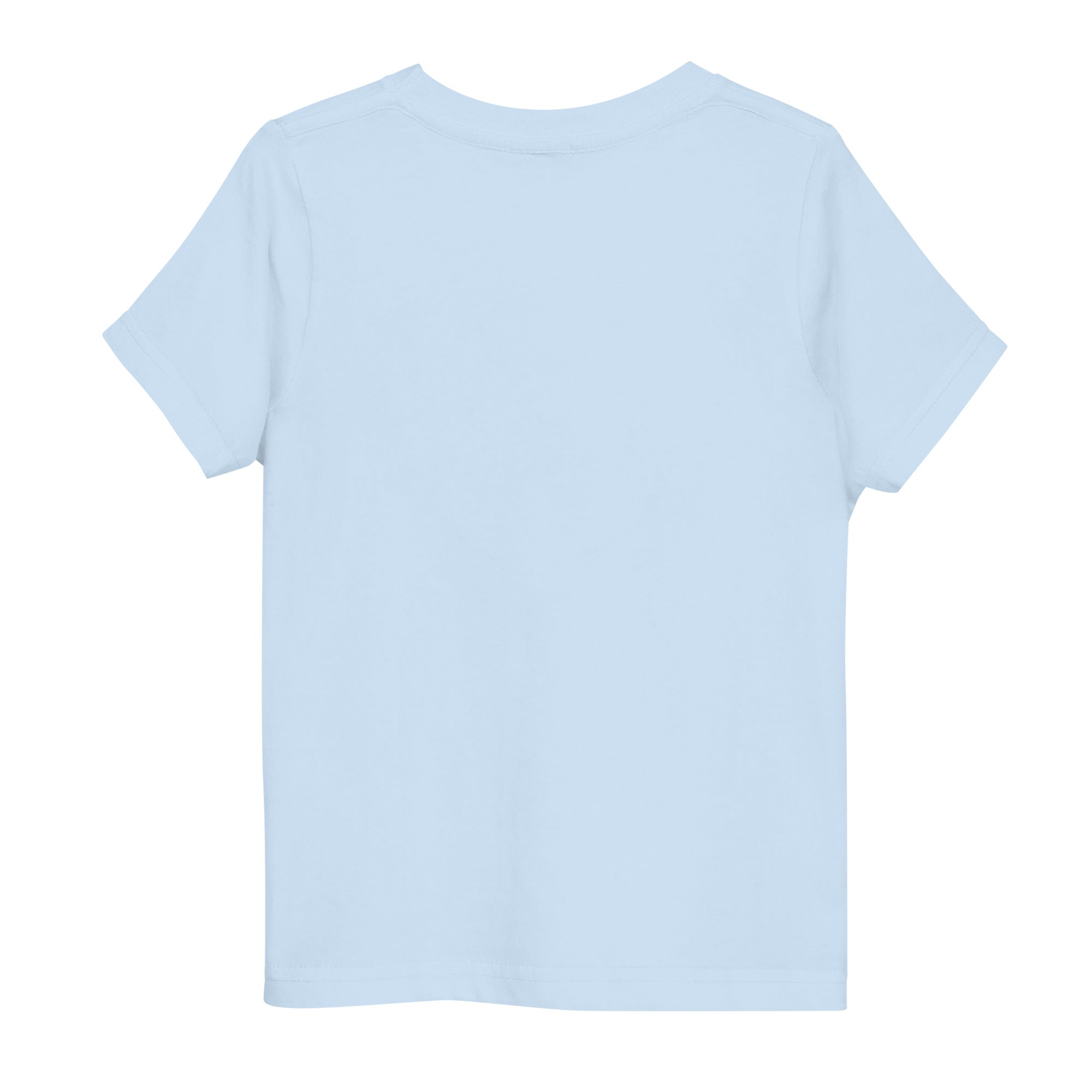Toddler's essential t-shirt in icy blue, back view.